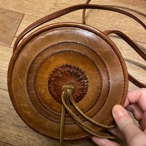 Frye Leather Round Tassel Structured Purse Western Brown